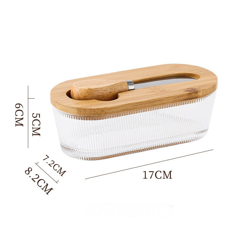 Natural wood color - stripes Elegant Glass Butter Dish with Wooden Lid &amp; Matching Spreader - Sealed Butter Keeper for Freshness