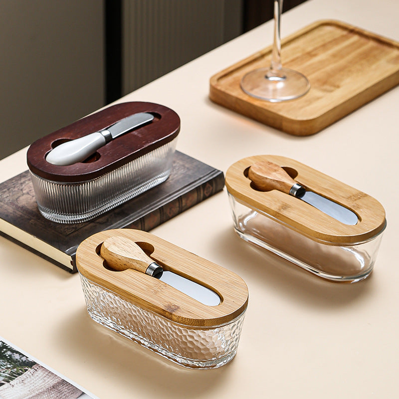 Natural wood color - hammer grain Elegant Glass Butter Dish with Wooden Lid & Matching Spreader - Sealed Butter Keeper for Freshness