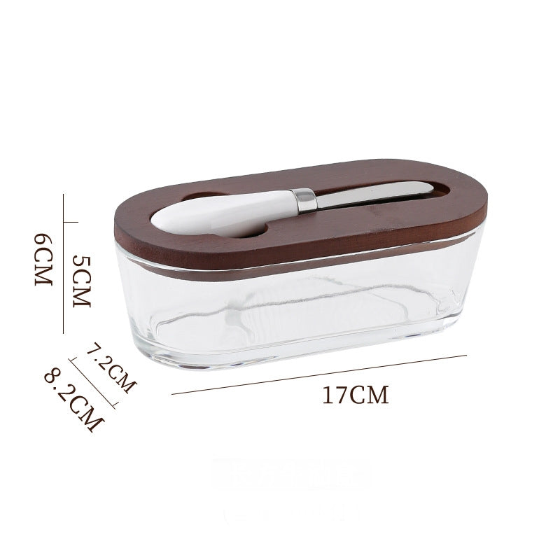 Brown - flat Elegant Glass Butter Dish with Wooden Lid &amp; Matching Spreader - Sealed Butter Keeper for Freshness