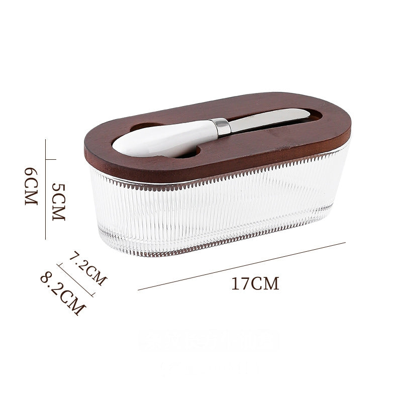 Brown - stripes Elegant Glass Butter Dish with Wooden Lid &amp; Matching Spreader - Sealed Butter Keeper for Freshness