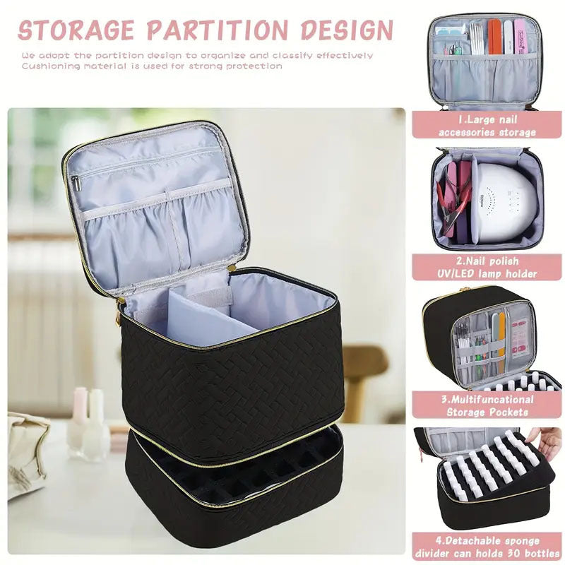 Green Professional Nail Polish Organizer Case for 30 Bottles & UV Lamp - Double-Layer Travel Storage Bag