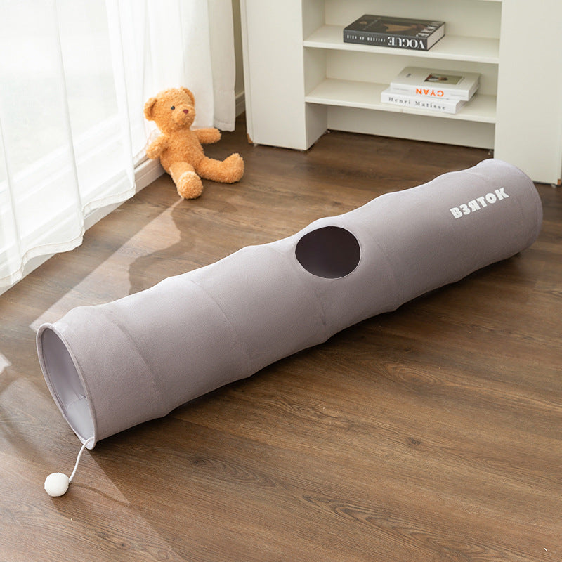 Grey Premium Soft Suede Cat Tunnel - Collapsible Play Tube with Peek-a-Boo Hole &amp; Hanging Ball(1.2m)