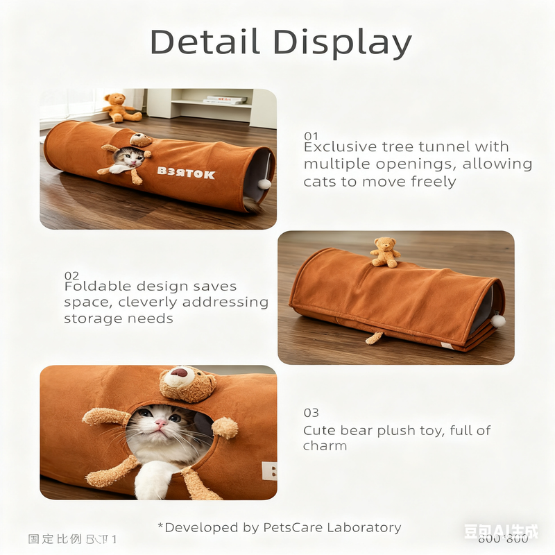 Brown bear Premium Soft Suede Cat Tunnel - Collapsible Play Tube with Peek-a-Boo Hole & Hanging Ball(0.8m)