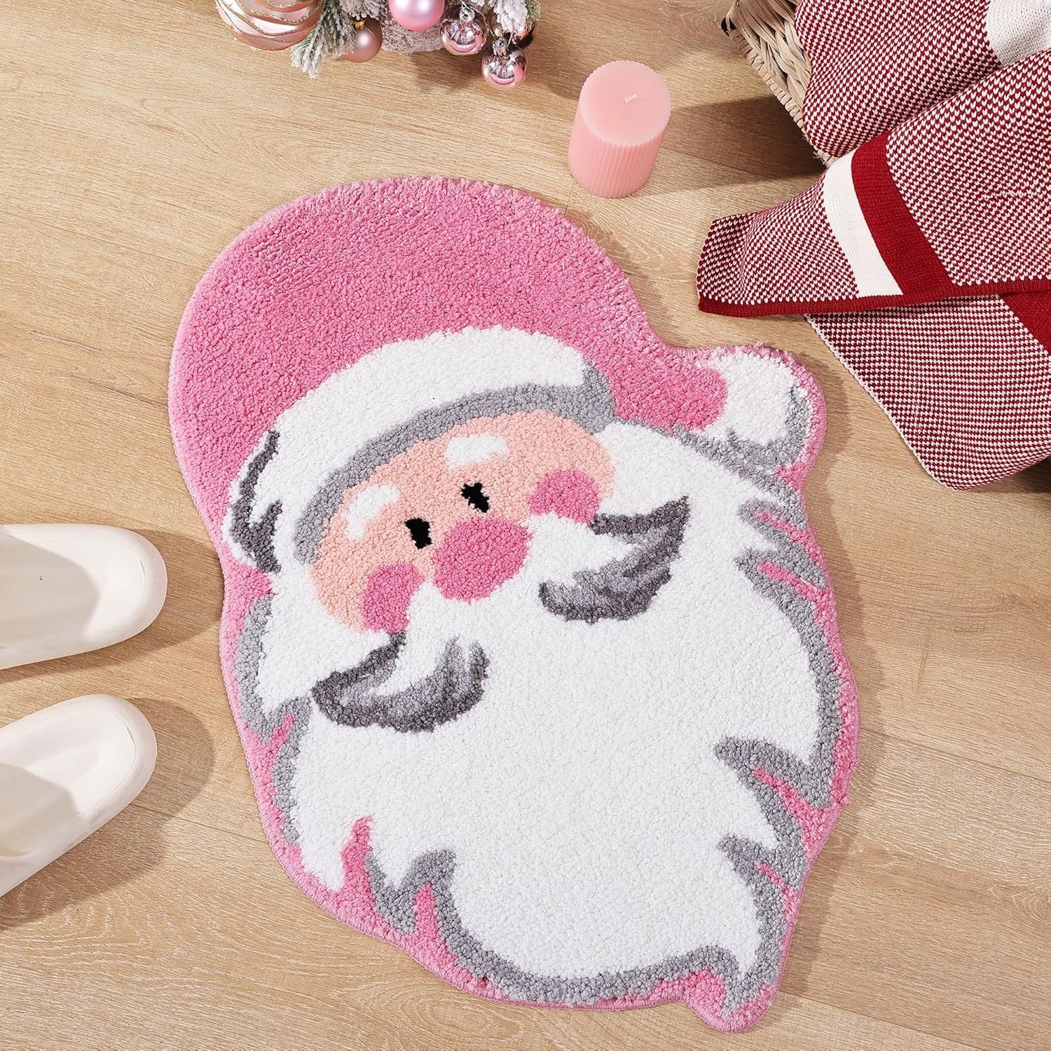 Pink Santa Claus Festive Christmas Shaped Floor Mat - Plush Non-Slip Holiday Accent Rug