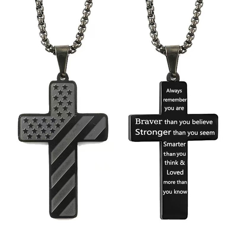 Black Men's Textured Cross Necklace - Stainless Steel Pendant with Inspirational Message