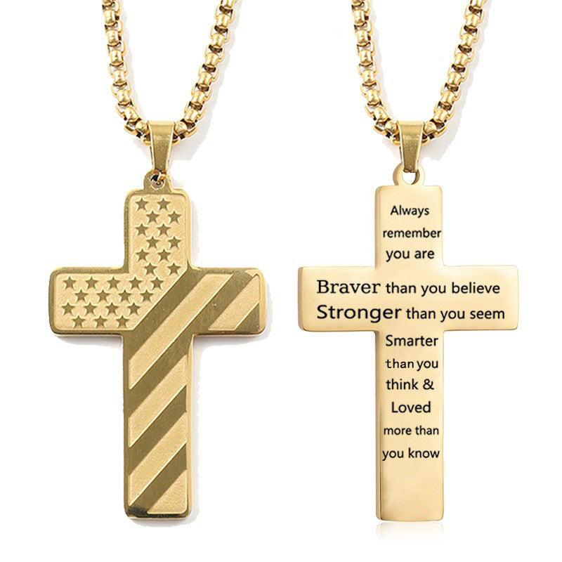 Gold Men's Textured Cross Necklace - Stainless Steel Pendant with Inspirational Message
