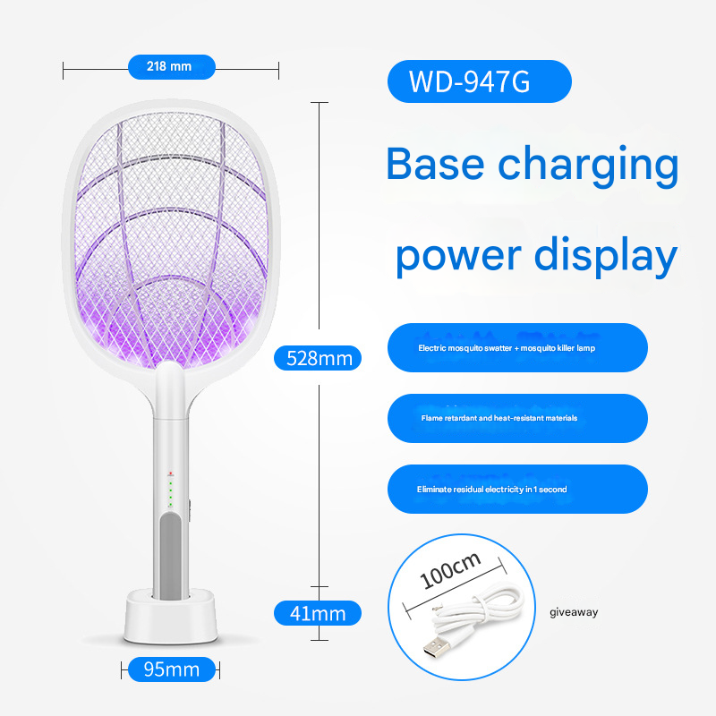 White Rechargeable 2-in-1 Bug Zapper Racket - Electric Fly Swatter & UV Mosquito Lamp with Charging Base
