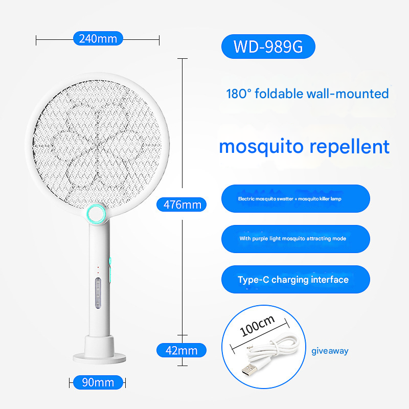 White Rechargeable 2-in-1 Bug Zapper Racket - Electric Fly Swatter &amp; UV Mosquito Lamp with Charging Base