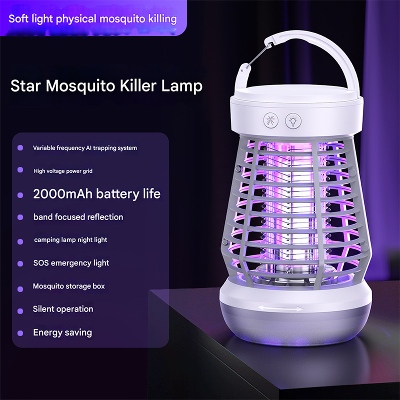 White Rechargeable 3-in-1 Bug Zapper Lantern - Portable UV Mosquito Killer with Camping Light & SOS Mode