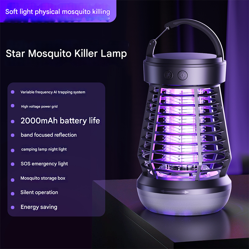 Black Rechargeable 3-in-1 Bug Zapper Lantern - Portable UV Mosquito Killer with Camping Light &amp; SOS Mode