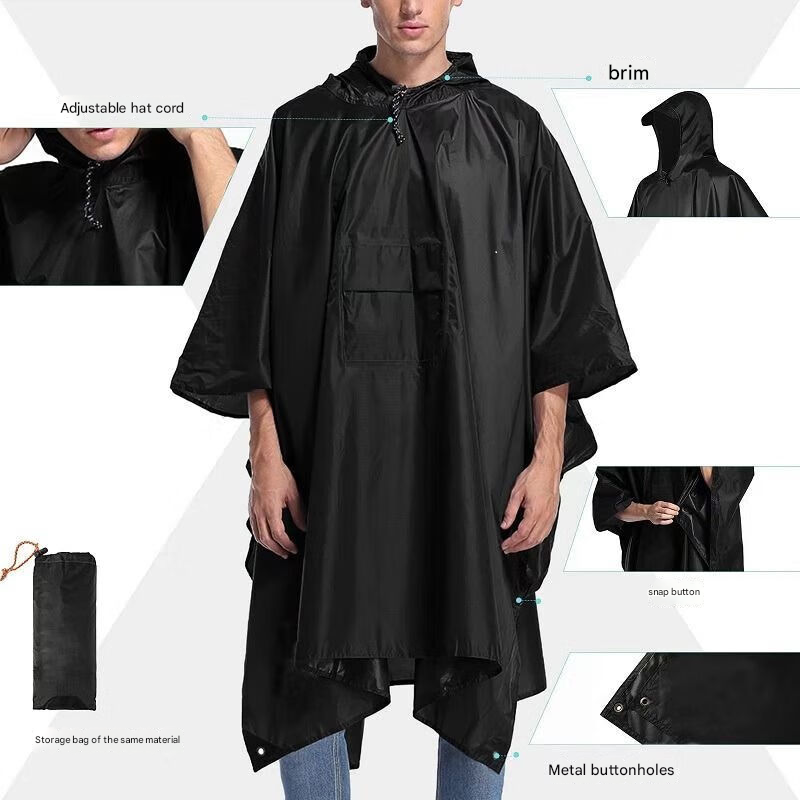 Black 3-in-1 Multifunctional Outdoor Rain Poncho - Ground Mat & Shelter - Lightweight & Waterproof for Hiking & Camping
