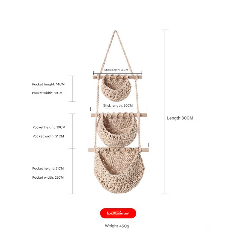 Three-layer cotton rope style Bohemian Hanging Fruit Basket – Wall-Mounted Woven Storage Net Pocket for Kitchen &amp; Home Decor