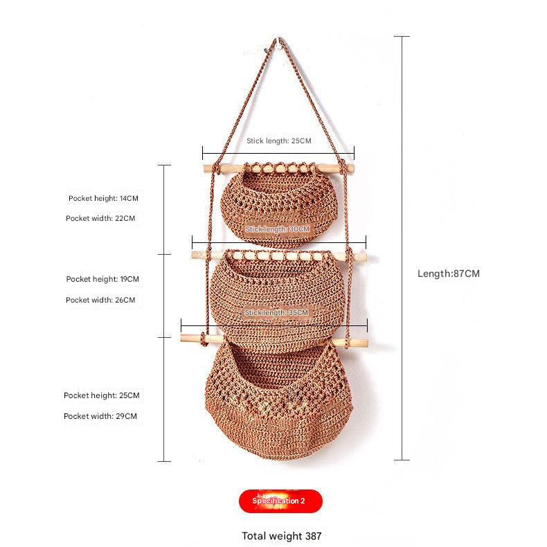 Three-layer braided rope style Bohemian Hanging Fruit Basket – Wall-Mounted Woven Storage Net Pocket for Kitchen &amp; Home Decor