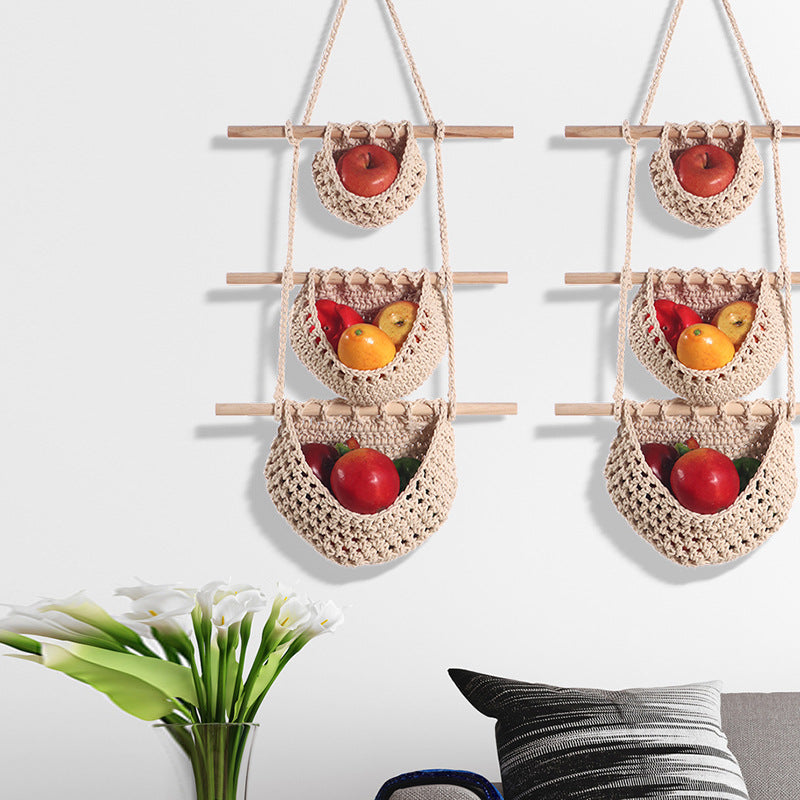 Three-layer braided rope style Bohemian Hanging Fruit Basket – Wall-Mounted Woven Storage Net Pocket for Kitchen & Home Decor