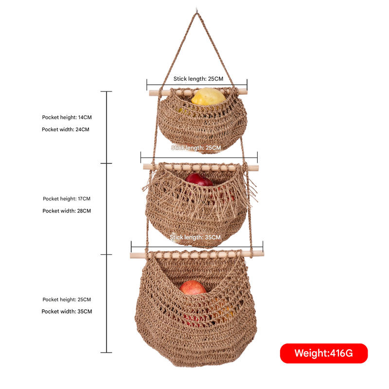Three-layer hemp rope style Bohemian Hanging Fruit Basket – Wall-Mounted Woven Storage Net Pocket for Kitchen &amp; Home Decor