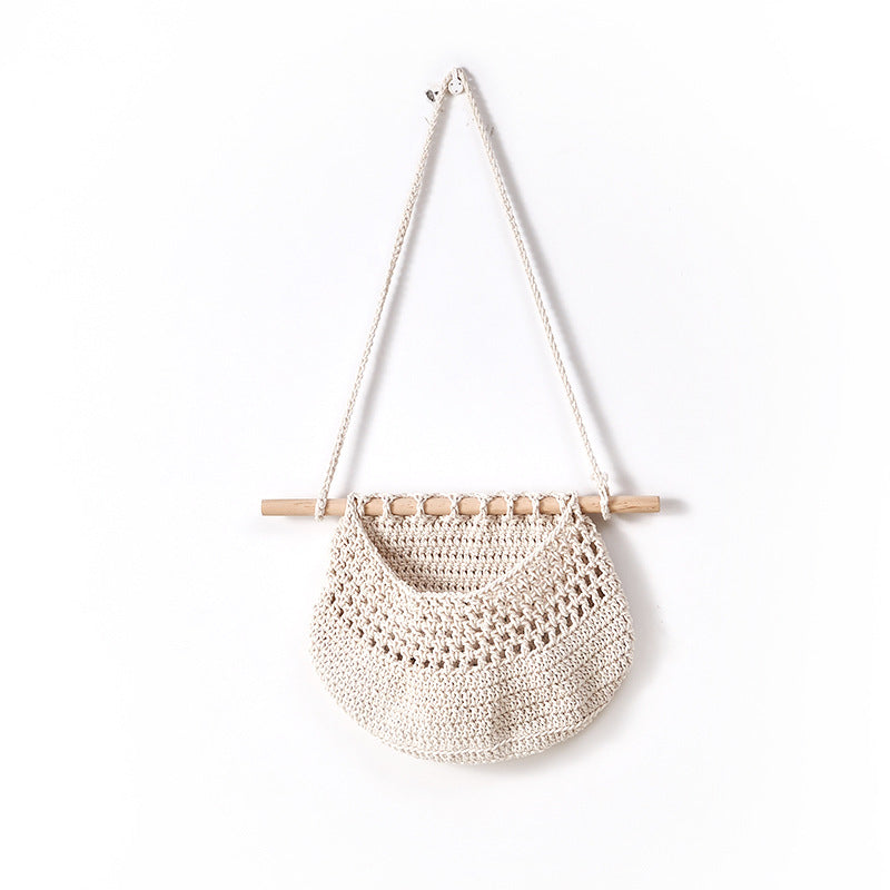 Single-layer cotton rope style Bohemian Hanging Fruit Basket – Wall-Mounted Woven Storage Net Pocket for Kitchen &amp; Home Decor