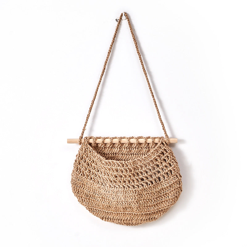 Single-layer hemp rope style Bohemian Hanging Fruit Basket – Wall-Mounted Woven Storage Net Pocket for Kitchen &amp; Home Decor