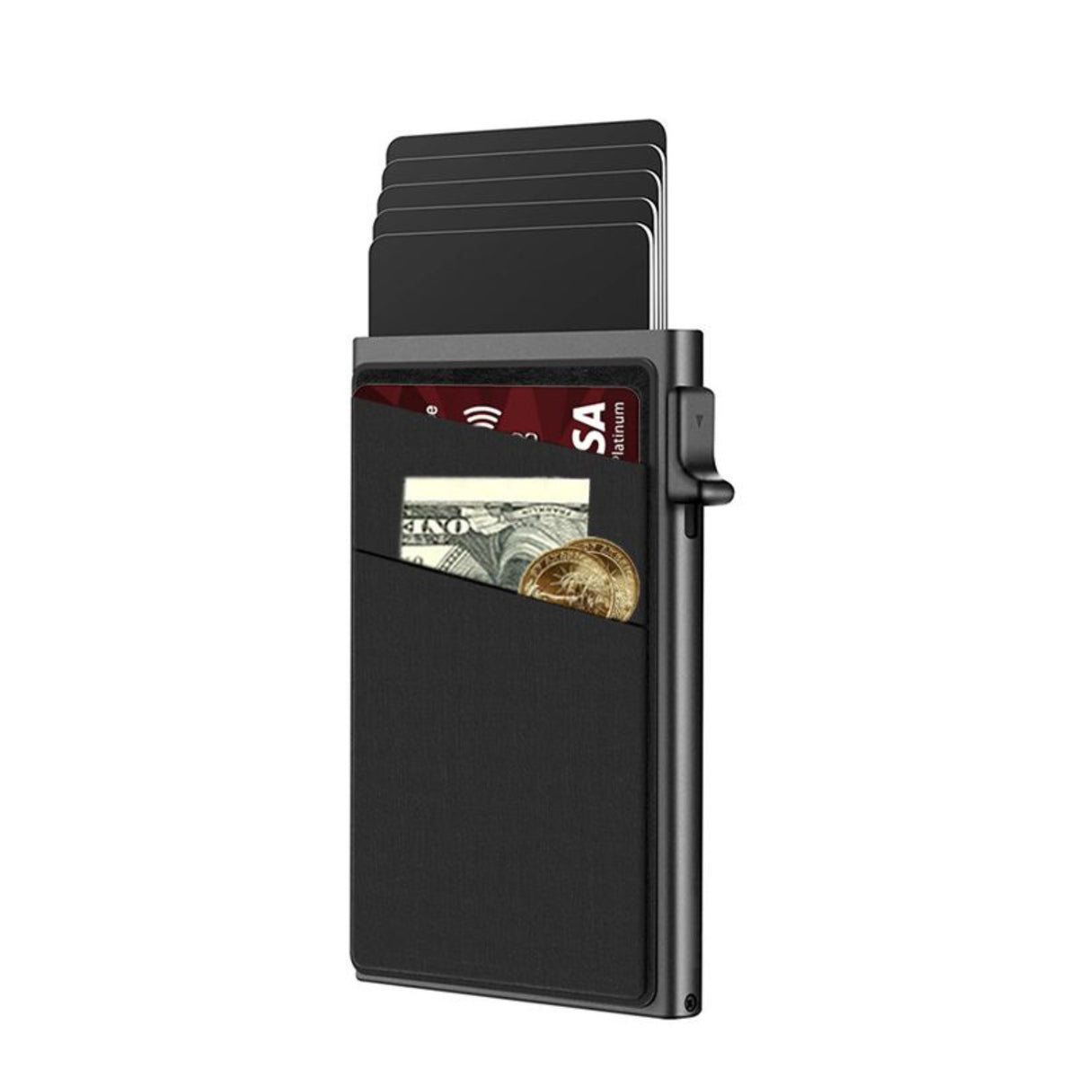 Black Ultra-Slim RFID Blocking Pop-Up Wallet - Automatic Card Holder with Metal Case &amp; Secure Screw Base