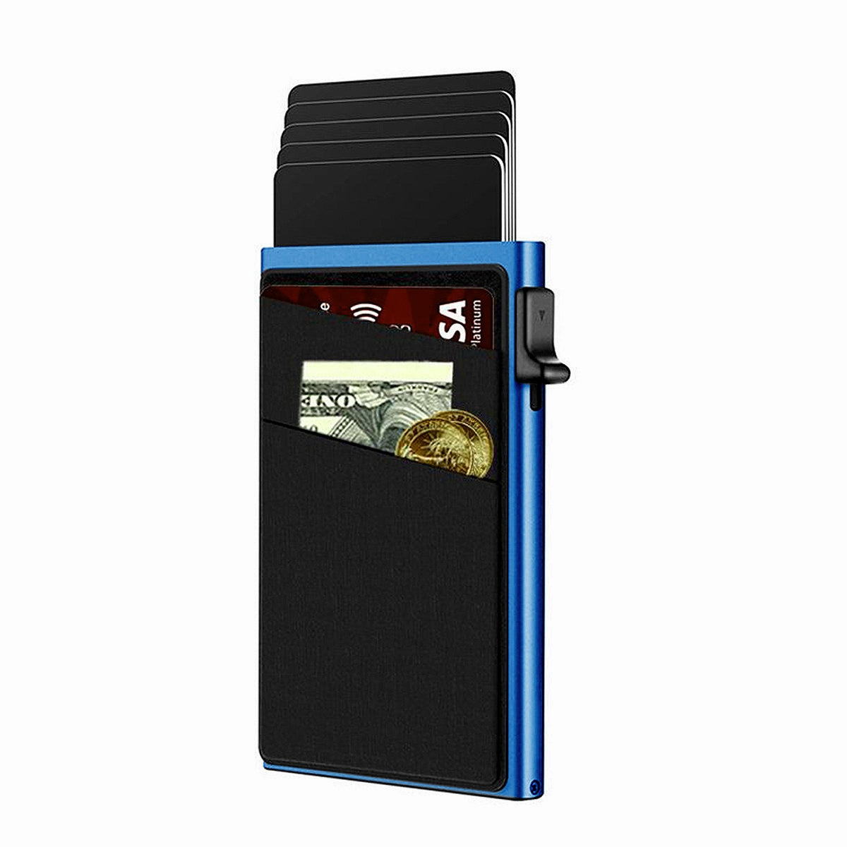 Blue Ultra-Slim RFID Blocking Pop-Up Wallet - Automatic Card Holder with Metal Case &amp; Secure Screw Base