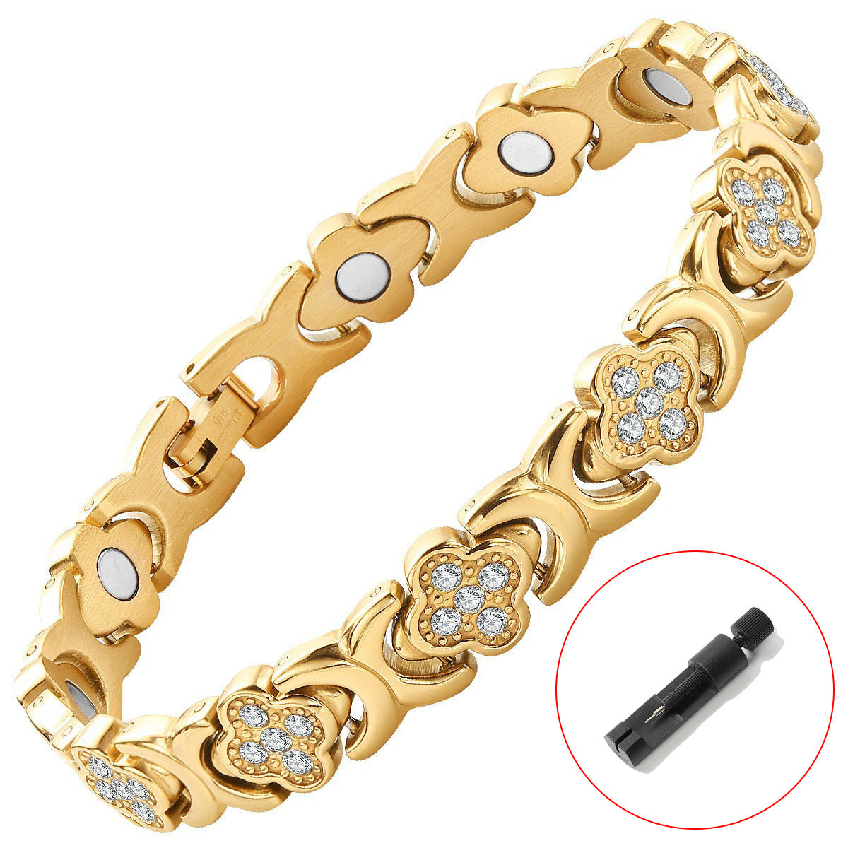 Gold New Fashion Lightweight Luxury Four-Leaf Clover Diamond Inlaid Bracelet - Alloy Magnetic Watch Band Style Bracelet for Women + Free Disassembly Tool