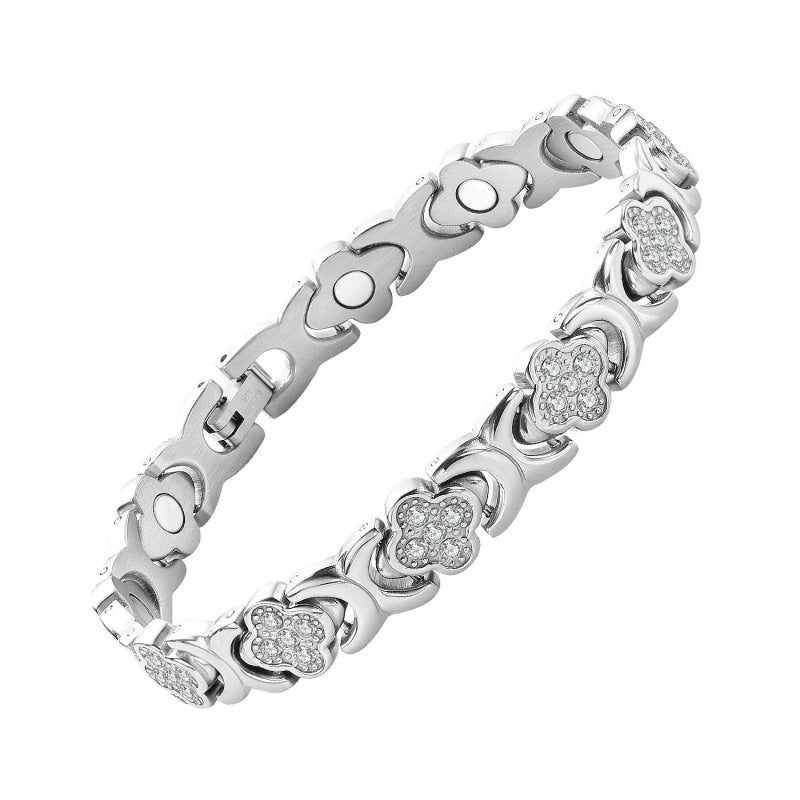 Silver New Fashion Lightweight Luxury Four-Leaf Clover Diamond Inlaid Bracelet - Alloy Magnetic Watch Band Style Bracelet for Women + Free Disassembly Tool