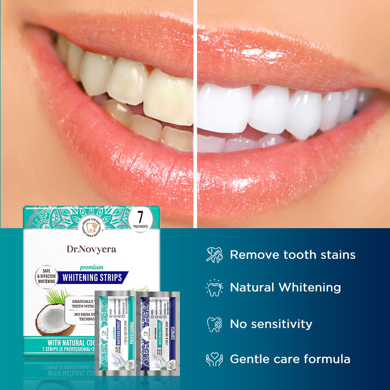 Dr. Novyera Premium Whitening Strips - Coconut Oil Infused for Effective Tooth Stain Removal & Gentle Care - 7 Treatments (5 Professional + 2 Express)