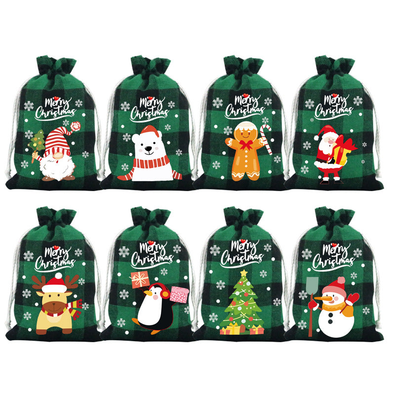 Green grid Christmas Gift Drawstring Bags Set - Festive Burlap Style Pouches for Candy & Apples - Holiday Decoration - 10 Pcs
