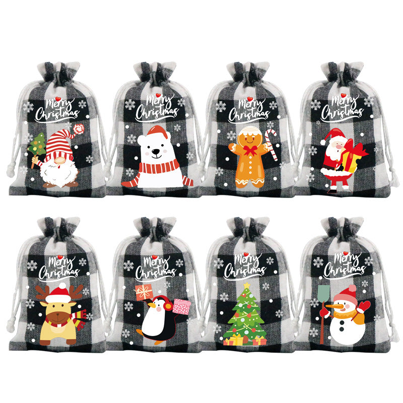 Black and white checkered Christmas Gift Drawstring Bags Set - Festive Burlap Style Pouches for Candy &amp; Apples - Holiday Decoration - 10 Pcs