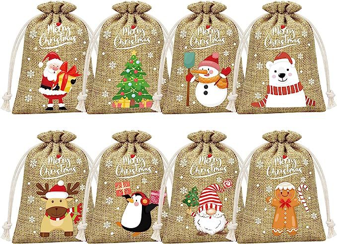 Brown Christmas Gift Drawstring Bags Set - Festive Burlap Style Pouches for Candy &amp; Apples - Holiday Decoration - 10 Pcs