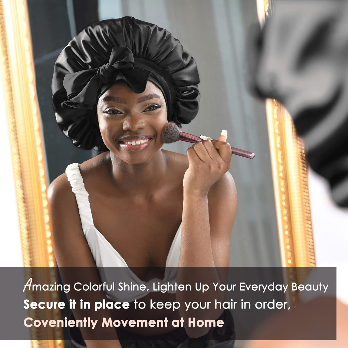 Black Luxury Double Layer Satin Bonnet with Bow Tie - Large Hair Protection Sleep Cap for All Hair Types