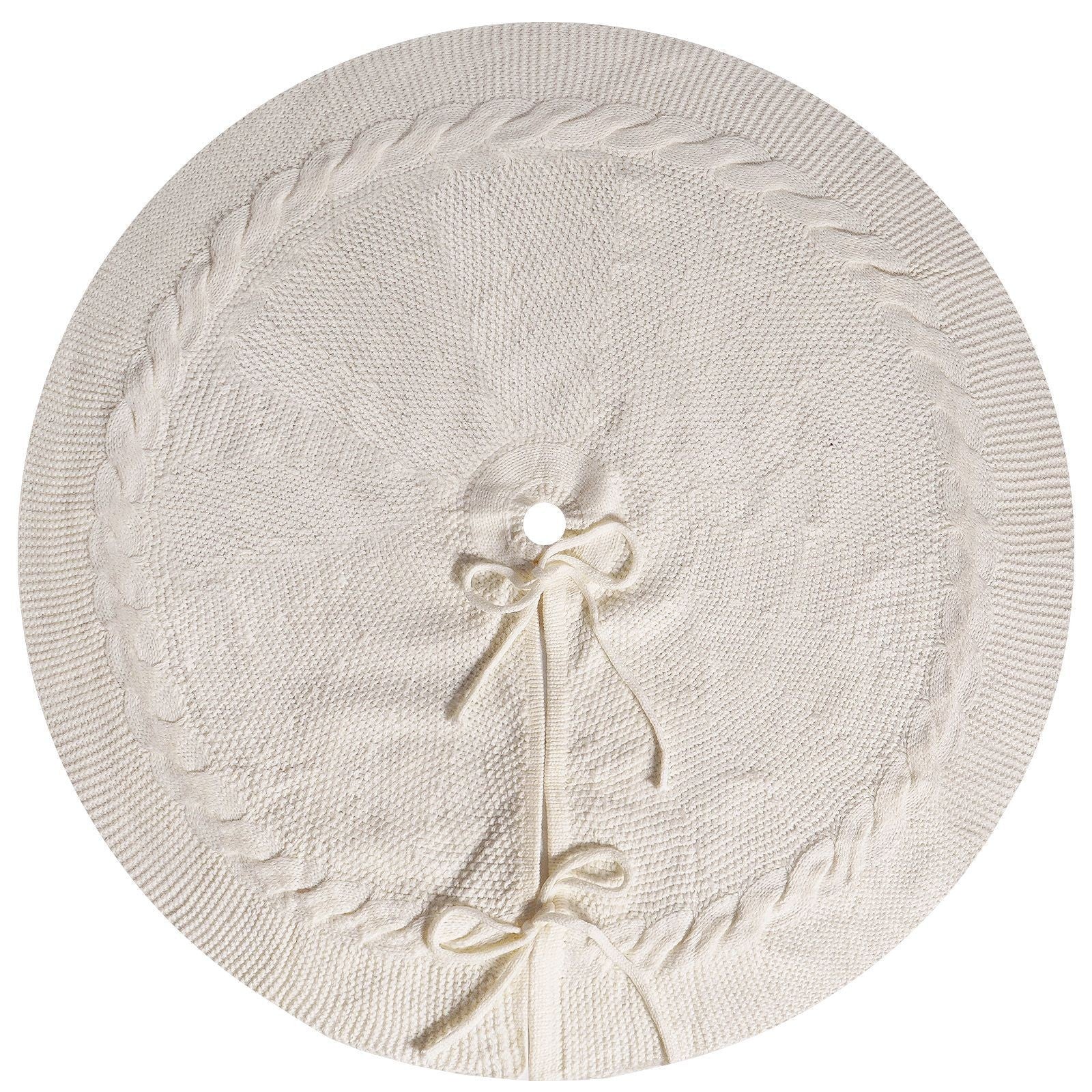 White Luxury Knit Christmas Tree Skirt with Cable-Knit Border - Rustic Holiday Decor(62cm)