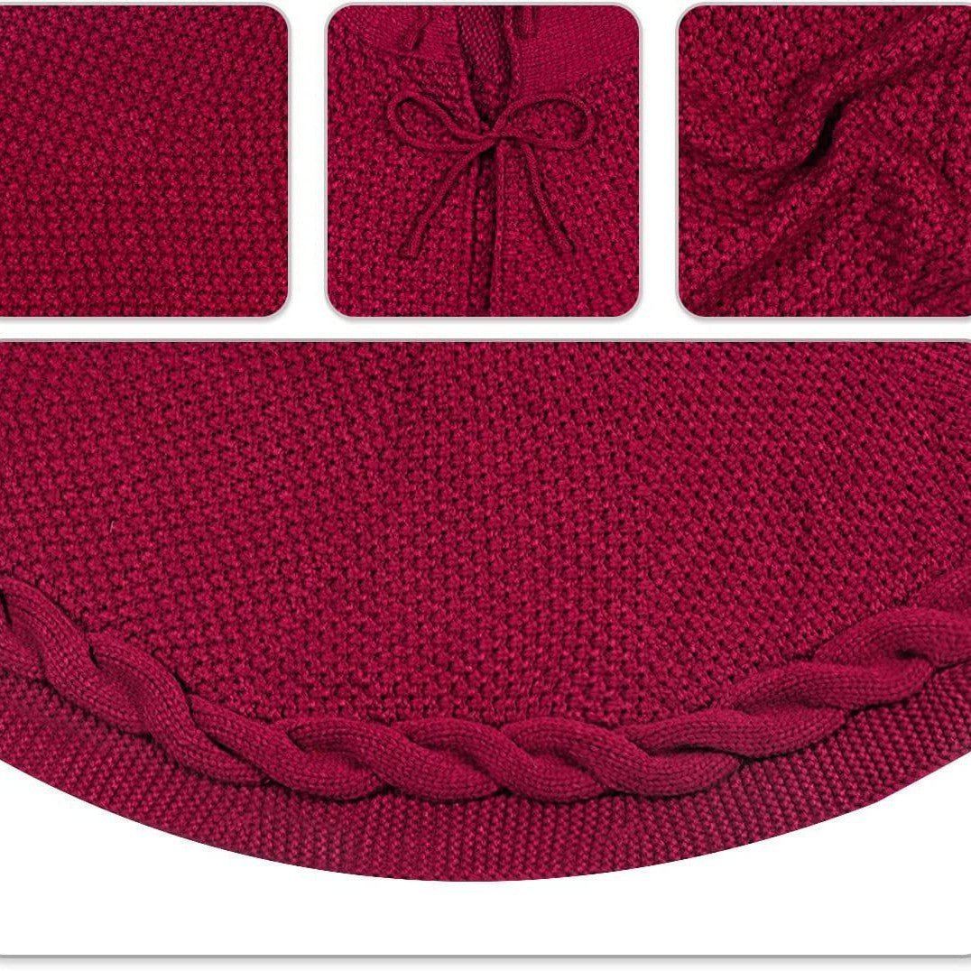 White Luxury Knit Christmas Tree Skirt with Cable-Knit Border - Rustic Holiday Decor(62cm)