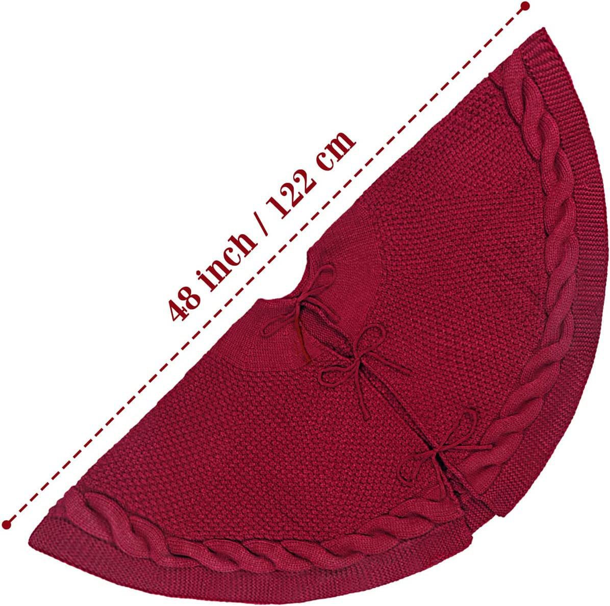 Red Luxury Knit Christmas Tree Skirt with Cable-Knit Border - Rustic Holiday Decor(122cm)
