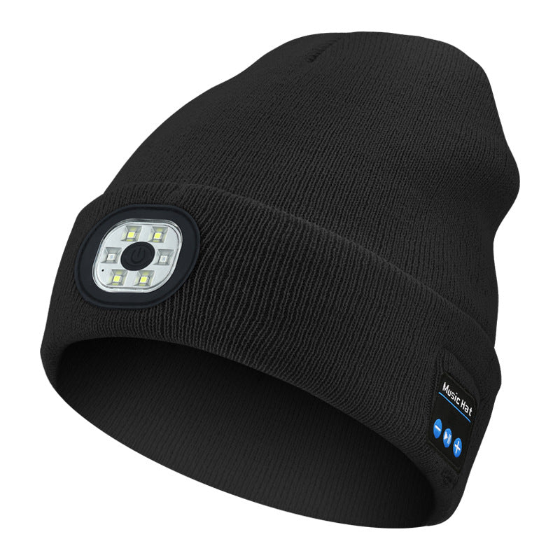 Black Wireless Bluetooth Beanie Hat with USB Rechargeable LED Headlight - Unisex Knit Cap for Running &amp; Camping