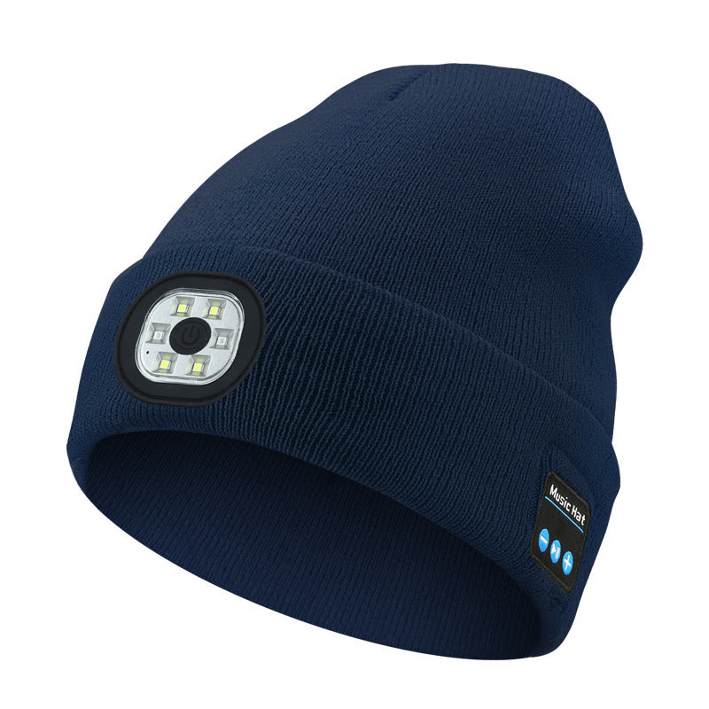 Navy blue Wireless Bluetooth Beanie Hat with USB Rechargeable LED Headlight - Unisex Knit Cap for Running &amp; Camping