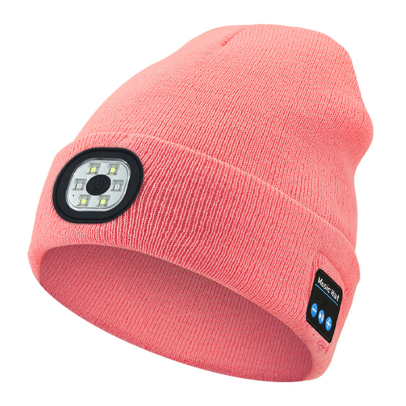 Pink Wireless Bluetooth Beanie Hat with USB Rechargeable LED Headlight - Unisex Knit Cap for Running & Camping