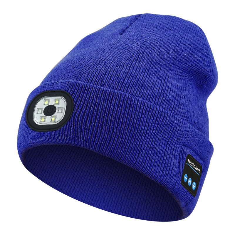 Blue Wireless Bluetooth Beanie Hat with USB Rechargeable LED Headlight - Unisex Knit Cap for Running &amp; Camping