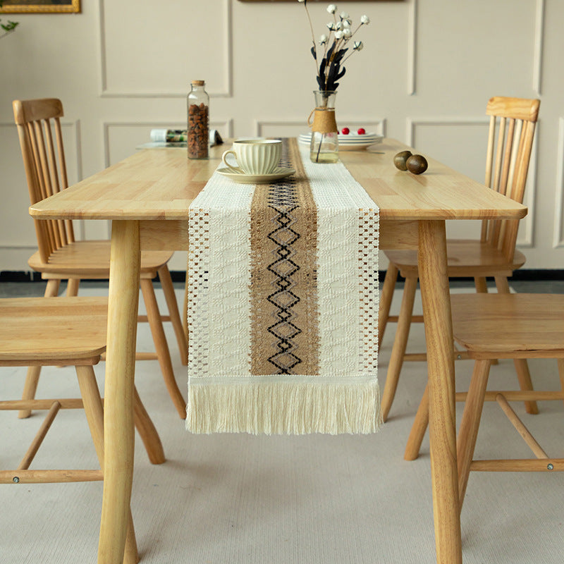 2-PCS Rhombus Bohemian Woven Table Runner with Tassels - Rustic Farmhouse Decor for Dining &amp; Coffee Tables
