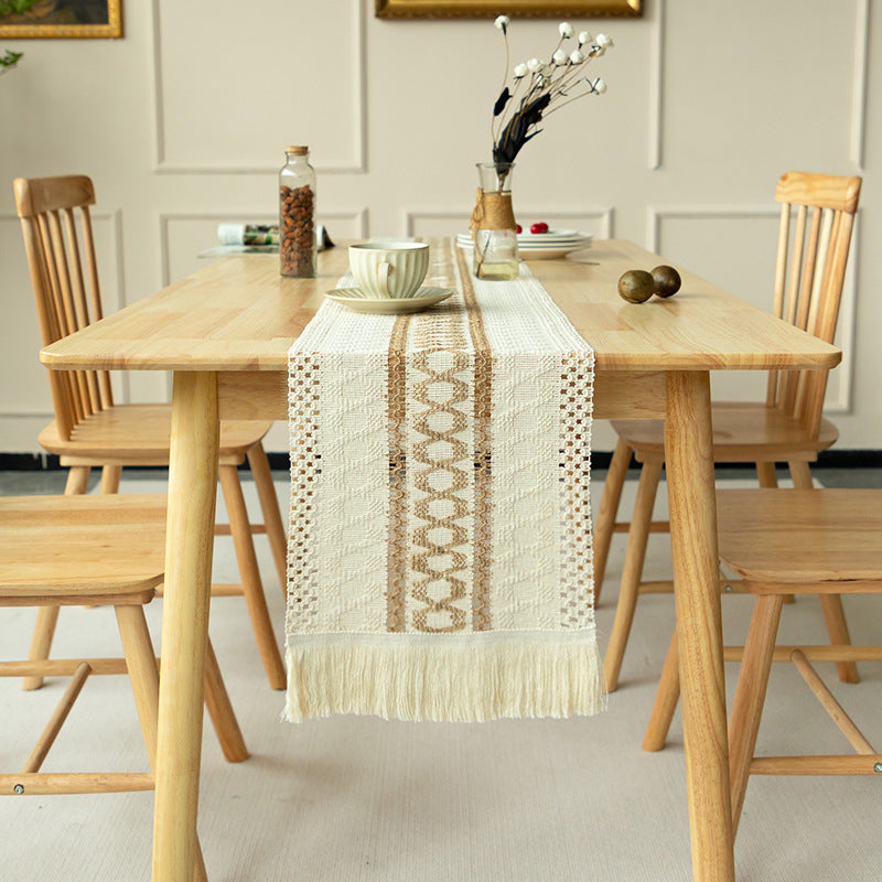 2-PCS Hexagon Bohemian Woven Table Runner with Tassels - Rustic Farmhouse Decor for Dining &amp; Coffee Tables
