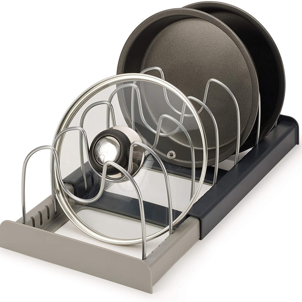 Grey Expandable Pan & Pot Lid Organizer Rack - Adjustable Kitchen Cabinet Storage Holder for Bakeware & Cutting Boards