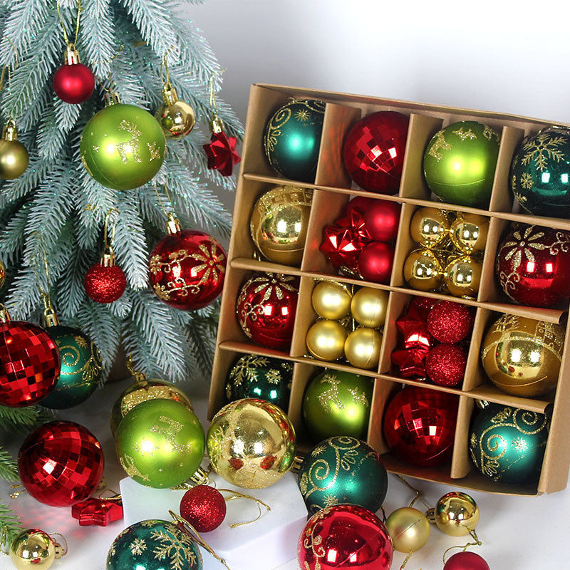 Green and red 44-Piece Assorted Christmas Baubles Set with Elegant Designs in Wooden Gift Box - 3-6cm Decorative Ornaments for Tree, Home & Holiday Display