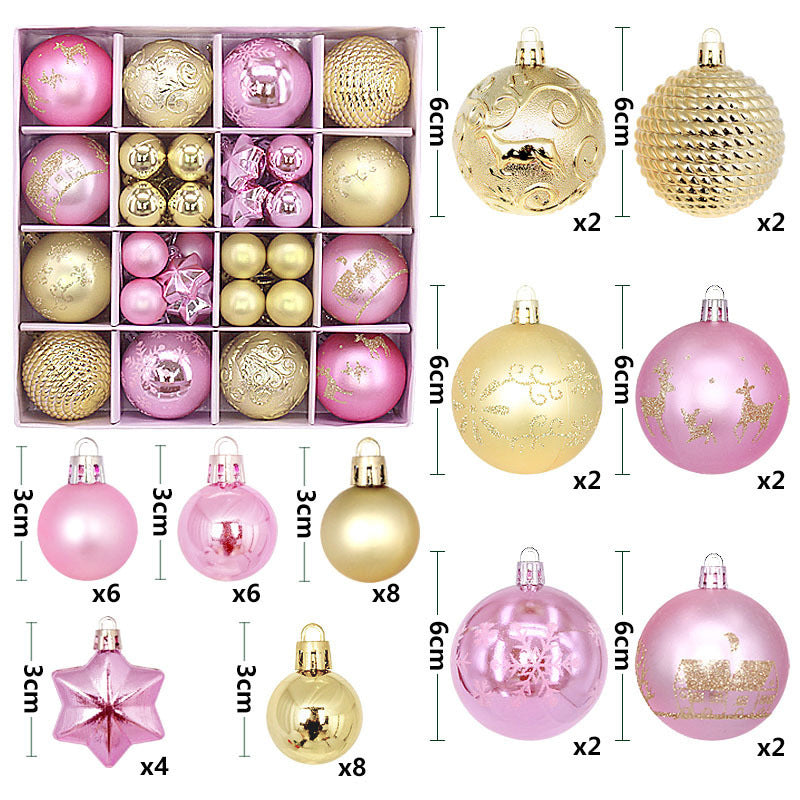 Gold and pink 44-Piece Assorted Christmas Baubles Set with Elegant Designs in Wooden Gift Box - 3-6cm Decorative Ornaments for Tree, Home &amp; Holiday Display