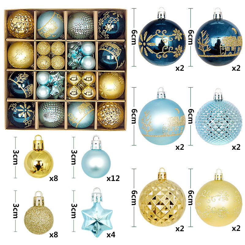 Blue and gold 44-Piece Assorted Christmas Baubles Set with Elegant Designs in Wooden Gift Box - 3-6cm Decorative Ornaments for Tree, Home &amp; Holiday Display
