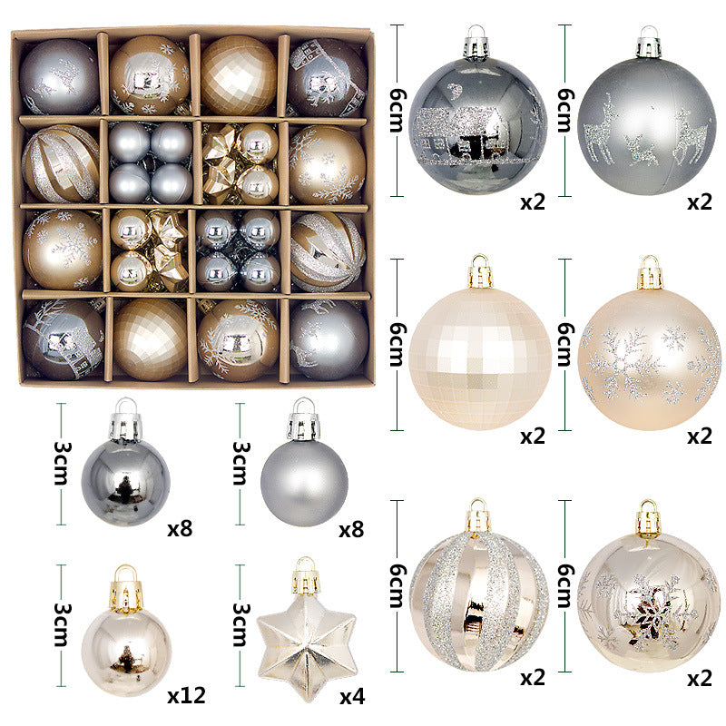 Grey and champagne gold 44-Piece Assorted Christmas Baubles Set with Elegant Designs in Wooden Gift Box - 3-6cm Decorative Ornaments for Tree, Home &amp; Holiday Display
