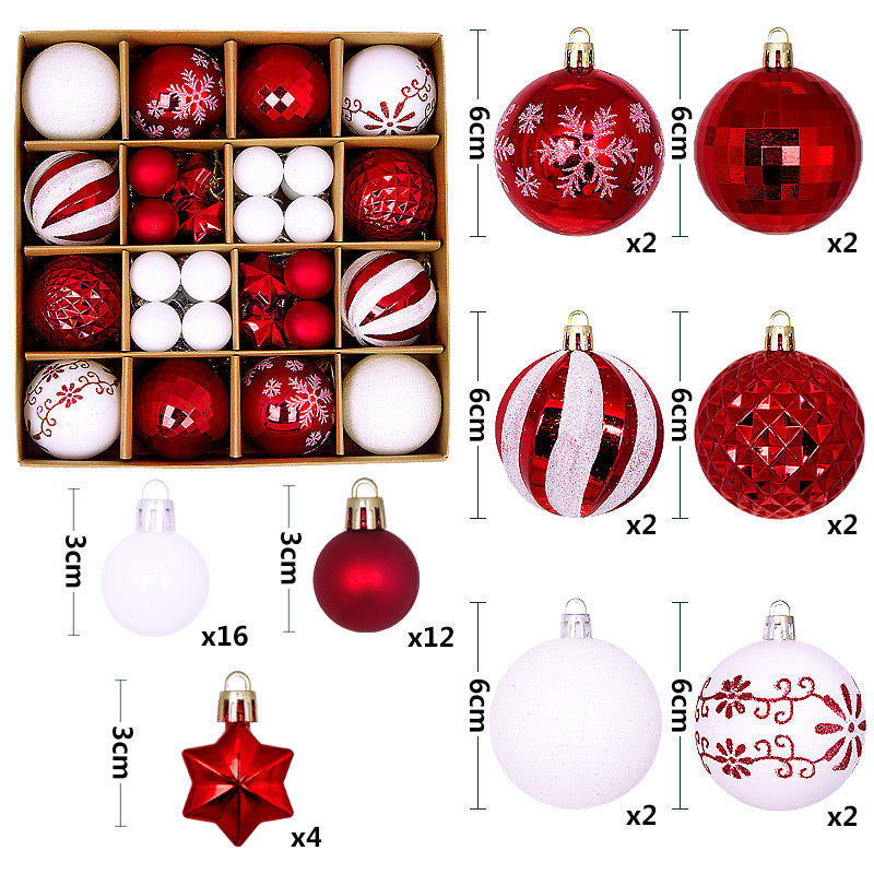 Red and white 44-Piece Assorted Christmas Baubles Set with Elegant Designs in Wooden Gift Box - 3-6cm Decorative Ornaments for Tree, Home &amp; Holiday Display