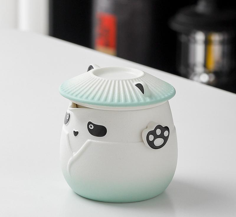 Adorable Panda Design Ceramic Tea Infuser Mug Set - 310ml Travel Crackle Glaze Cup with Lid & Strainer(green)