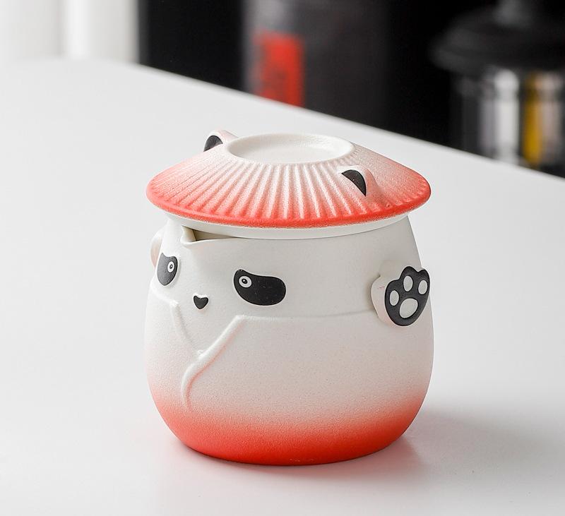 Adorable Panda Design Ceramic Tea Infuser Mug Set - 310ml Travel Crackle Glaze Cup with Lid &amp; Strainer(red)