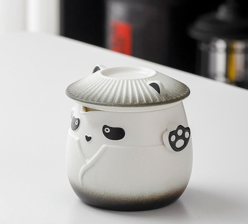 Adorable Panda Design Ceramic Tea Infuser Mug Set - 310ml Travel Crackle Glaze Cup with Lid &amp; Strainer(black)