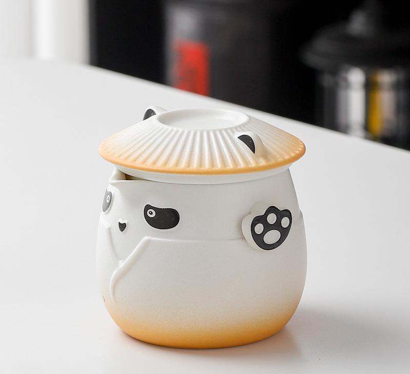 Adorable Panda Design Ceramic Tea Infuser Mug Set - 310ml Travel Crackle Glaze Cup with Lid &amp; Strainer(orange)