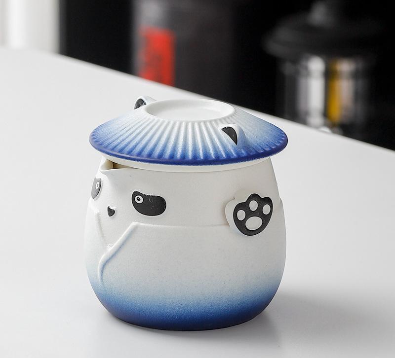 Adorable Panda Design Ceramic Tea Infuser Mug Set - 310ml Travel Crackle Glaze Cup with Lid &amp; Strainer(blue)